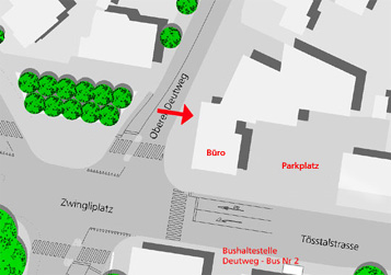 Gebäude-Eingang direkt von den eigenen Parkplätzen aus, oder über Haupteingang am Oberer Deutweg 59, mit Bus Nr.2  bis Bushaltestelle Deutweg auf der anderen Strassenseite